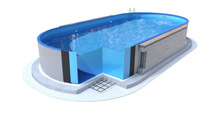 Stålväggspool Ibiza Oval 3,20 × 6,00 × 1,20 m Grå Stålvägg 0,6 mm Förberedd för Skimmer & Inlopp, med Bottenskenor, Utan Toppskenor P1/P3