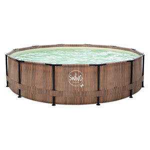 Pool med metallram Ø 3,05 × 0,76 m Naturlig Teak med Sandfärgad Liner